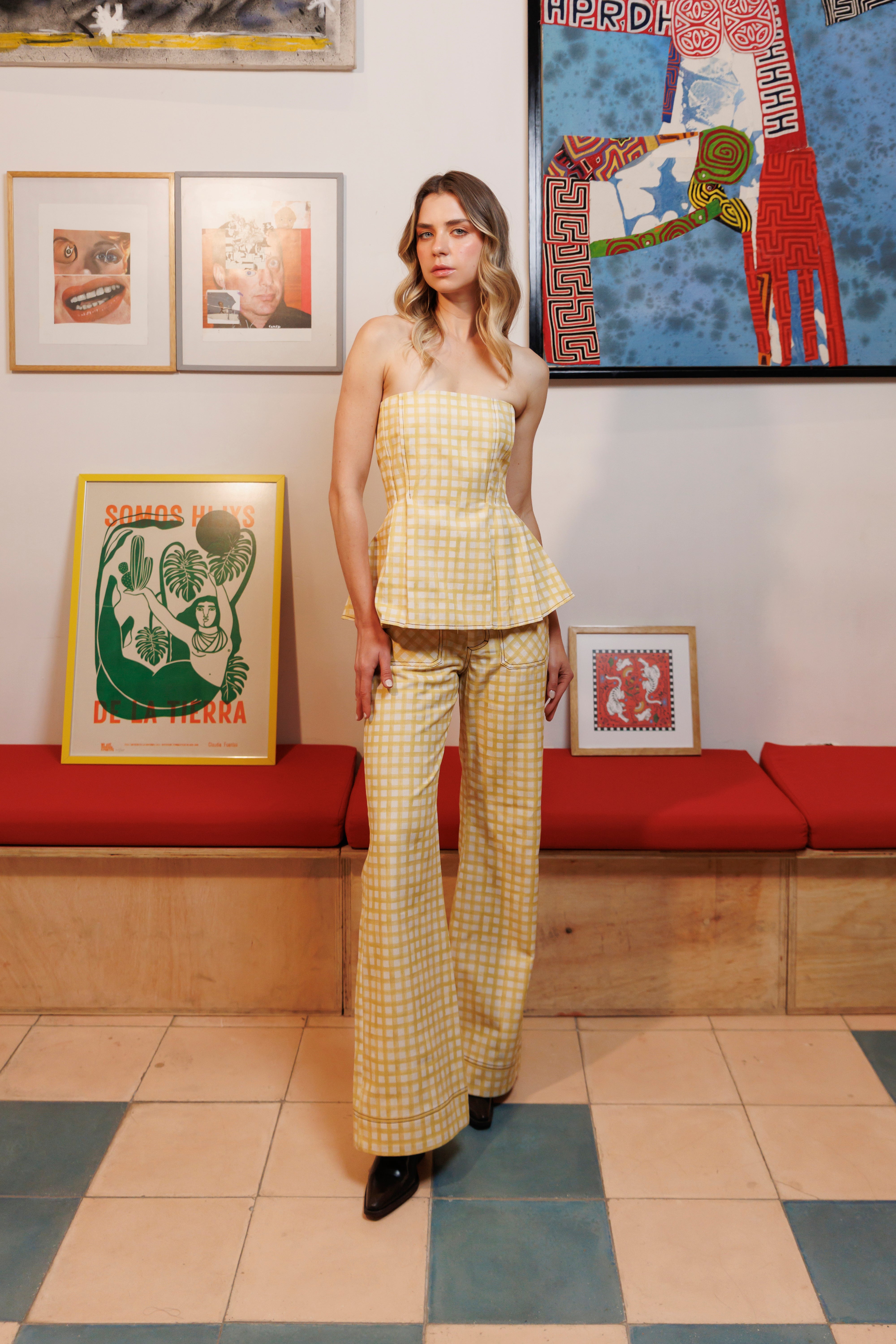 Pantalón Denim Estampado Cuadros